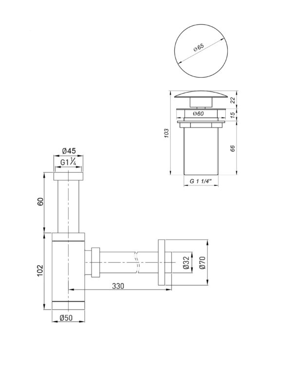 Сифон металевий з донним клапаном без переливу Globus Lux GS-32-105-03B
