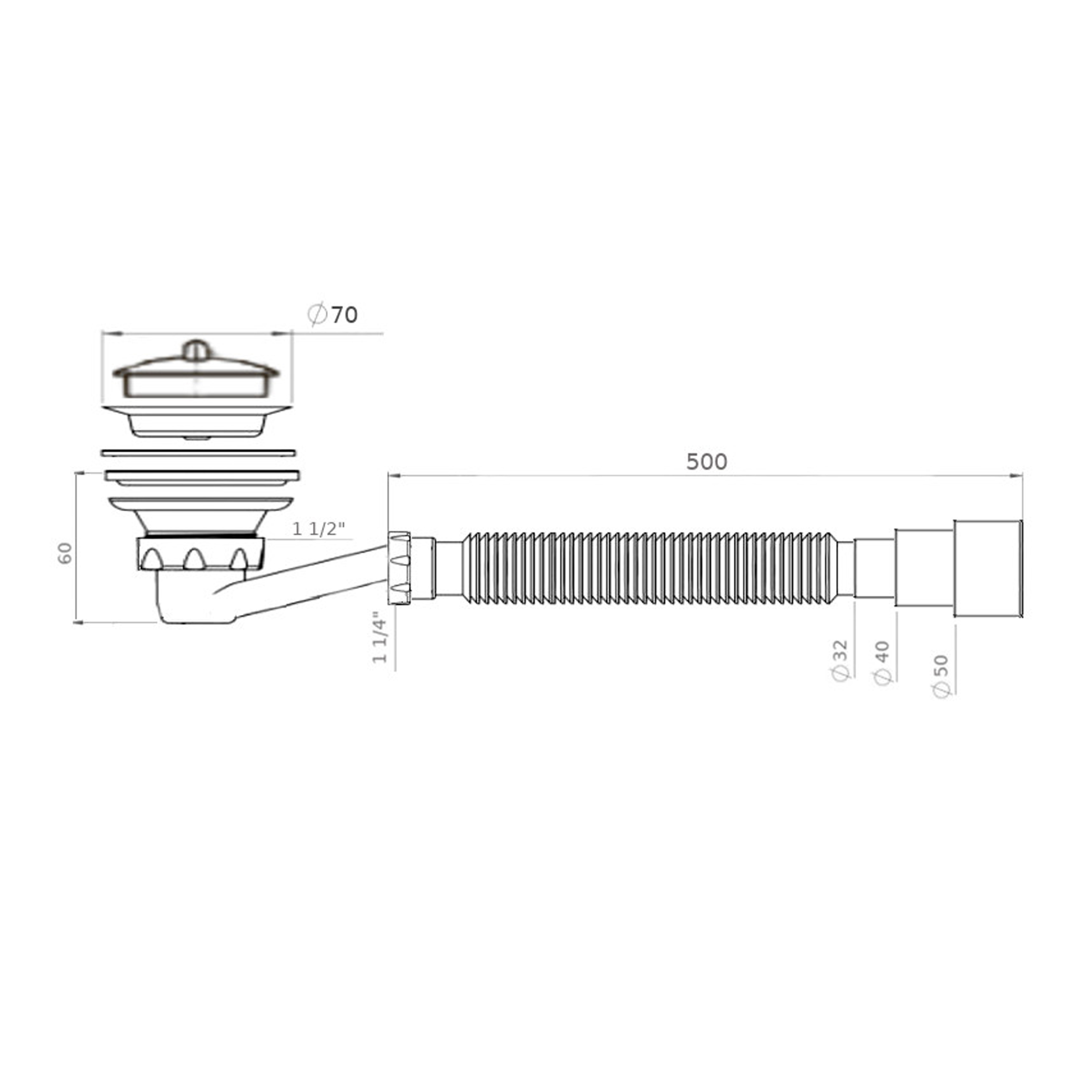 Сифон Waterstal  SE 3860 для душ. піддона 1 1/2″ низький з гофрою 32х32/40/50 - Image 2
