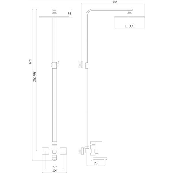 Душова система Globus Lux DS0026-Milano (Лійка Тропік300*300мм НЕРЖ) з виливом латунь Штанга 115см