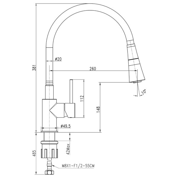 Змішувач для кухні TOPAZ LOFT TLF 8854-H39-GP-B01, Шланги TAQ-M0855