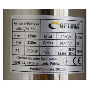 Насос свердловинний з підв. стійк. до піску OPTIMA 4SD10/36 7.5 кВт 218м 3-фазний ( 2 частини ) - Image 3
