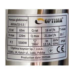 Насос свердловинний з підв, стійк, до піску OPTIMA 4SD16/22 5,5 кВт 120м 3-фазний ( 2 частини ) - Image 3