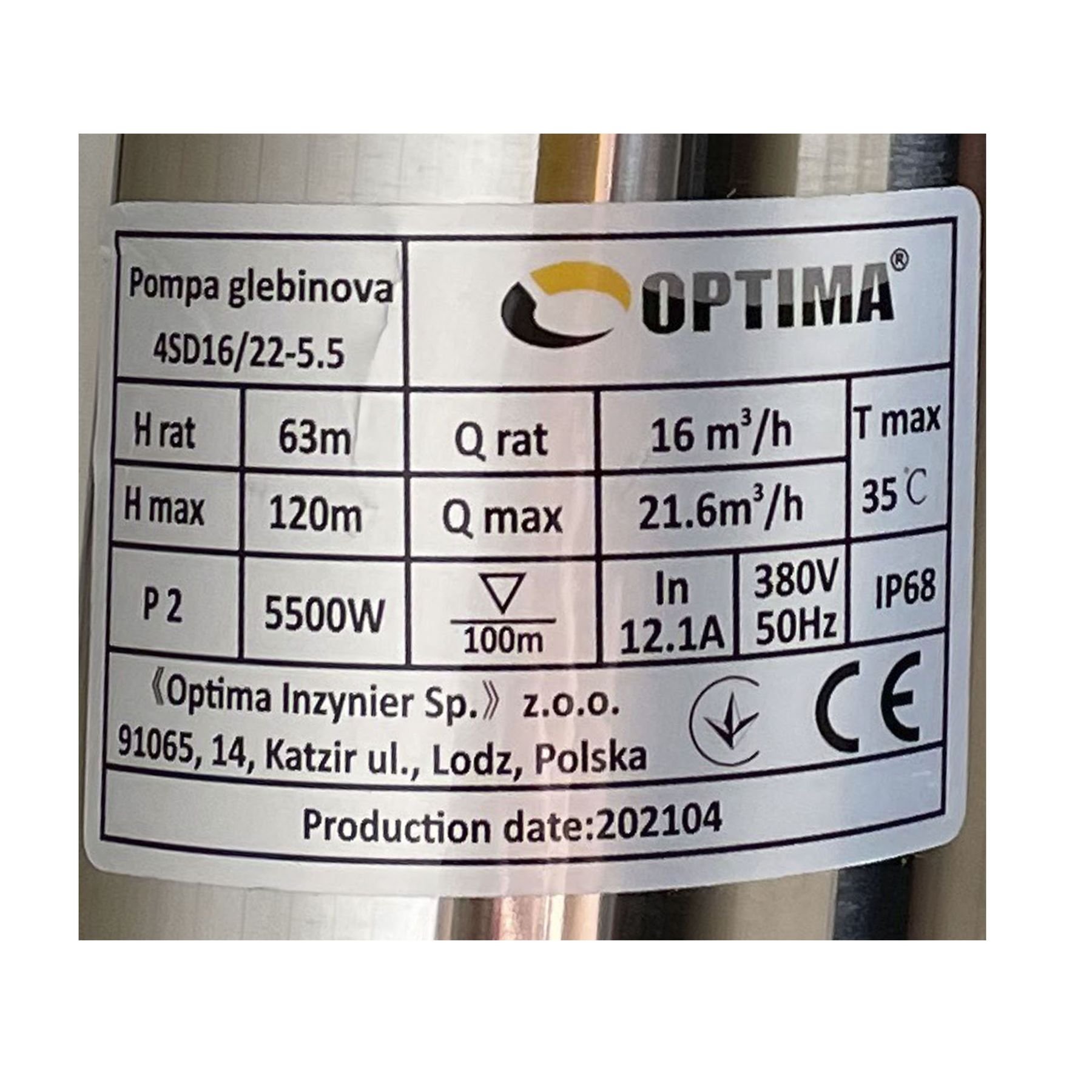 Насос свердловинний з підв, стійк, до піску OPTIMA 4SD16/22 5,5 кВт 120м 3-фазний ( 2 частини ) - Image 3