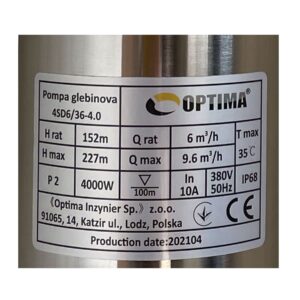 Насос свердловинний з підв, стійк, до піску OPTIMA 4SD6/36 4,0 кВт 227м 3-фазний ( 2 частини ) - Image 3