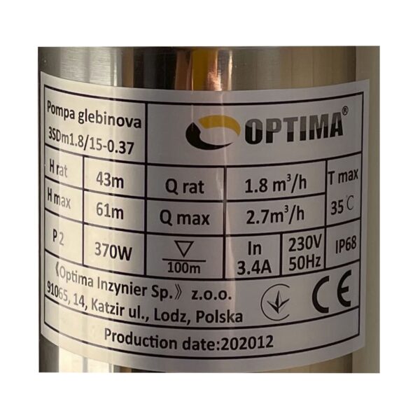 Насос свердловинний з підв, стійк, до піску 3″ OPTIMA  3SDm1,8/15 0,37 кВт 61м + пульт+кабель1,5мNEW