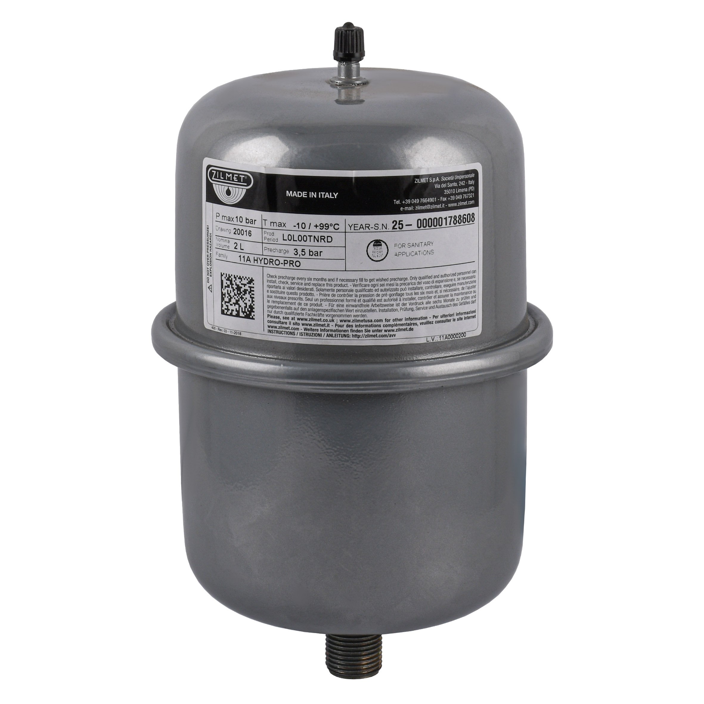 Гідроакумулятор з фіксованою мембраною   2л Zilmet HYDRO-PRO 10bar (11A0000200 ) - Image 1